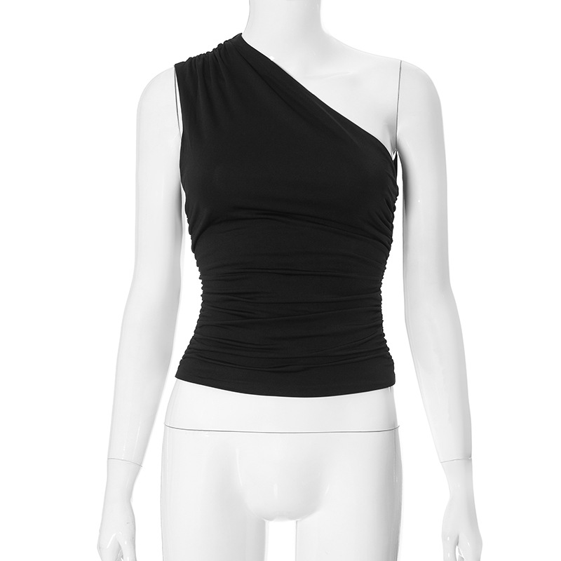 欧美女装冬季亚马逊新款纯色单肩露背缩褶背心上衣T恤女