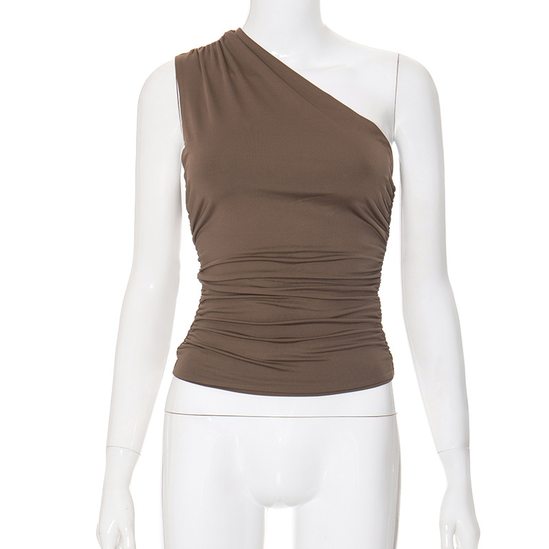 欧美女装冬季亚马逊新款纯色单肩露背缩褶背心上衣T恤女