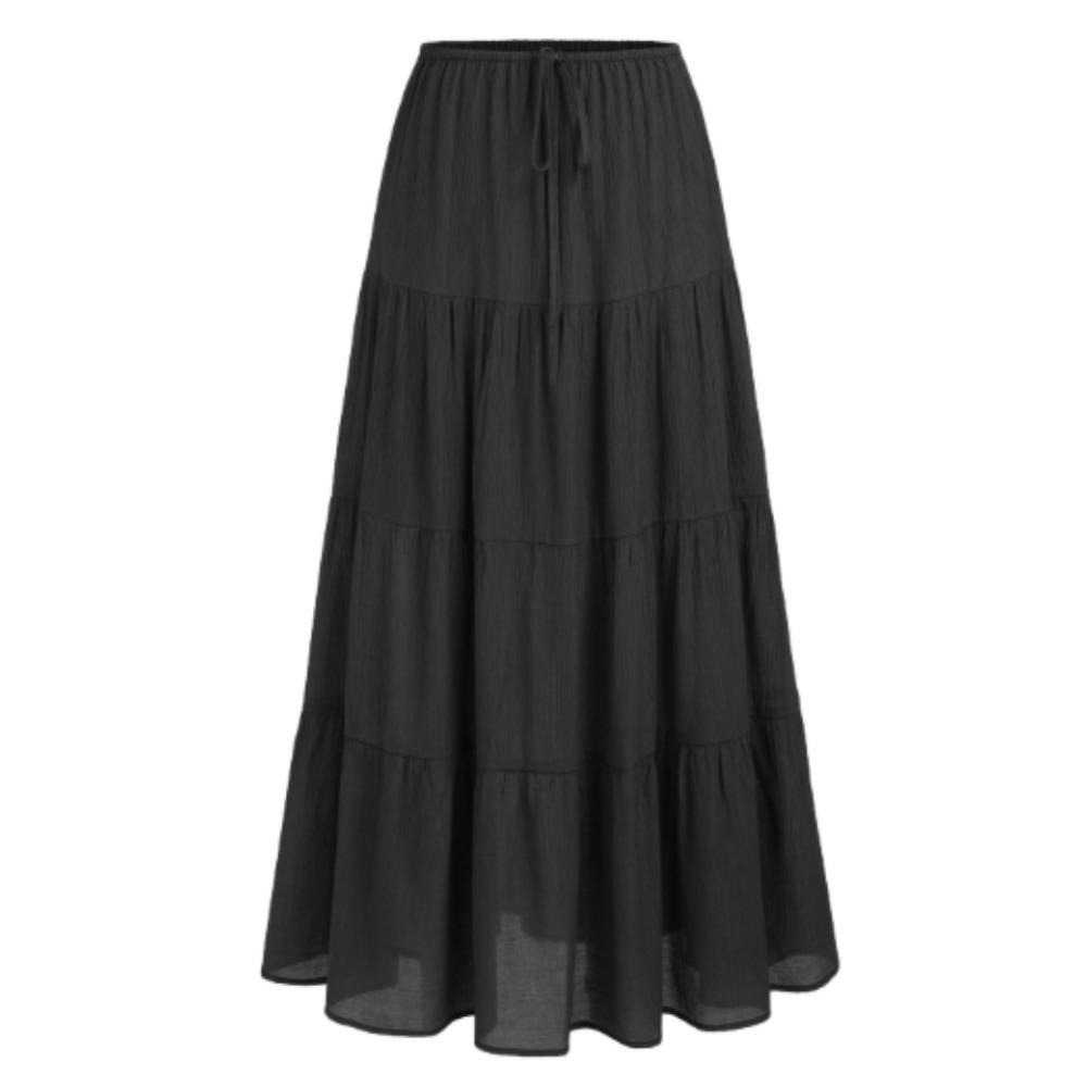 女装棉布半身裙高腰松紧系带大摆裙欧美宽松拼接长裙女