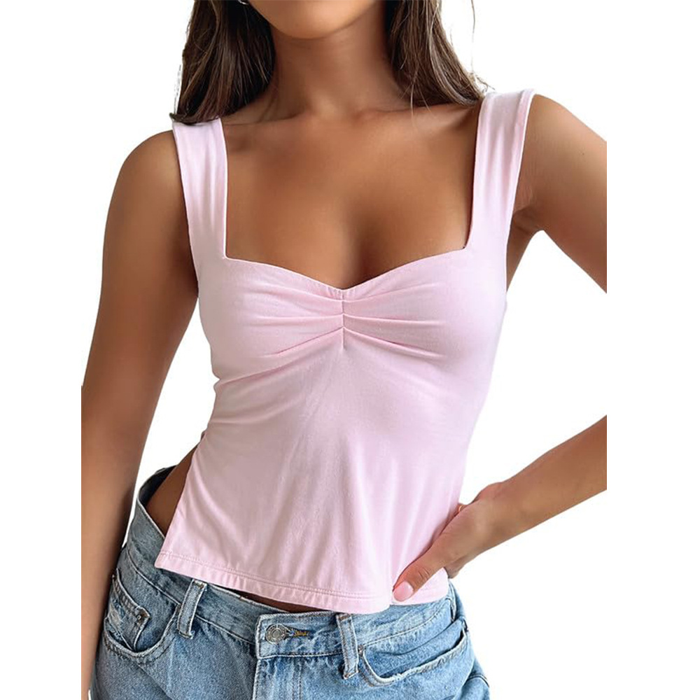 Women's Y2K Backless Crop Tank Top Summer Sexy Sleeveless Tight Fit Cami Top for Teen Girls Cute Going Out Clothes with Sweetheart Neck & Pleated, Side Slit