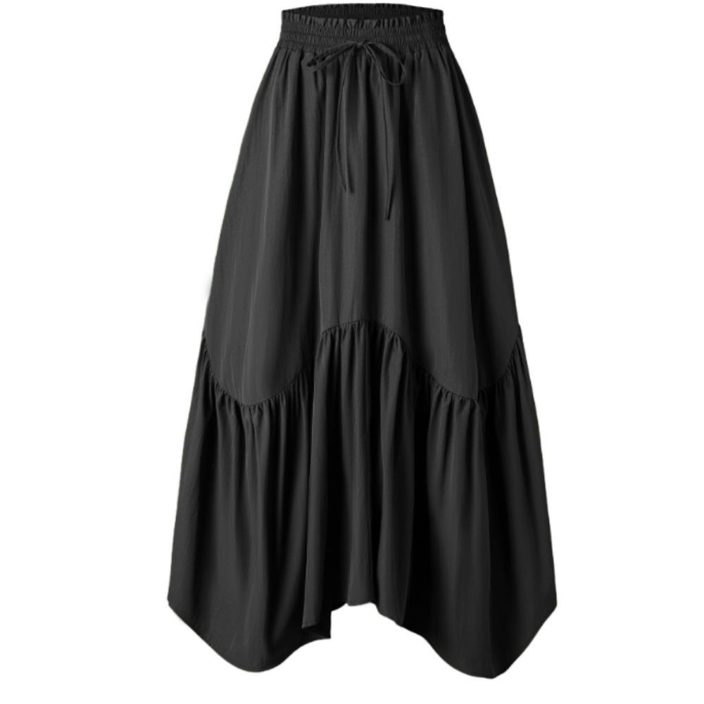 女装波浪系带可调节半身裙高腰松紧大摆裙欧美复古长裙