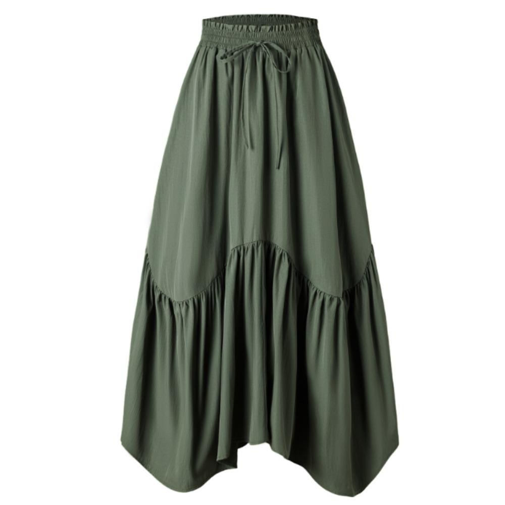 女装波浪系带可调节半身裙高腰松紧大摆裙欧美复古长裙