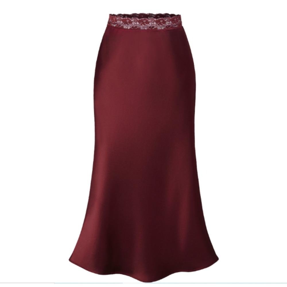 Women Satin Silk Maxi Skirt Lace High Elastic Waisted Wedding Long Skirts