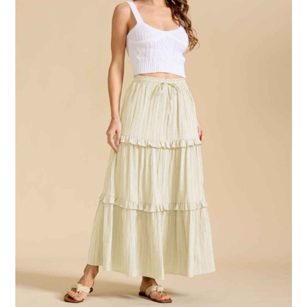 2025跨境抽绳系带半身裙欧美高腰松紧大码A字长裙