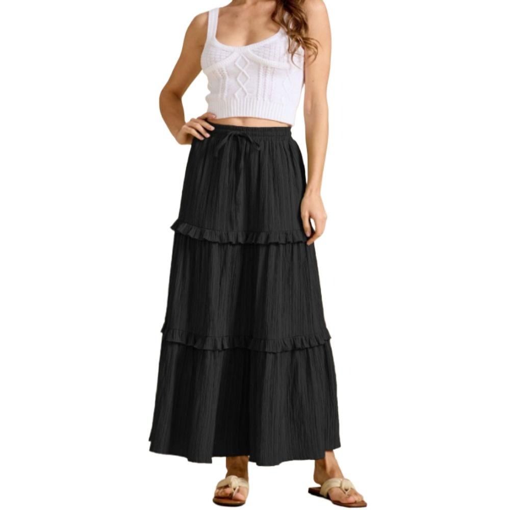 2025跨境抽绳系带半身裙欧美高腰松紧大码A字长裙