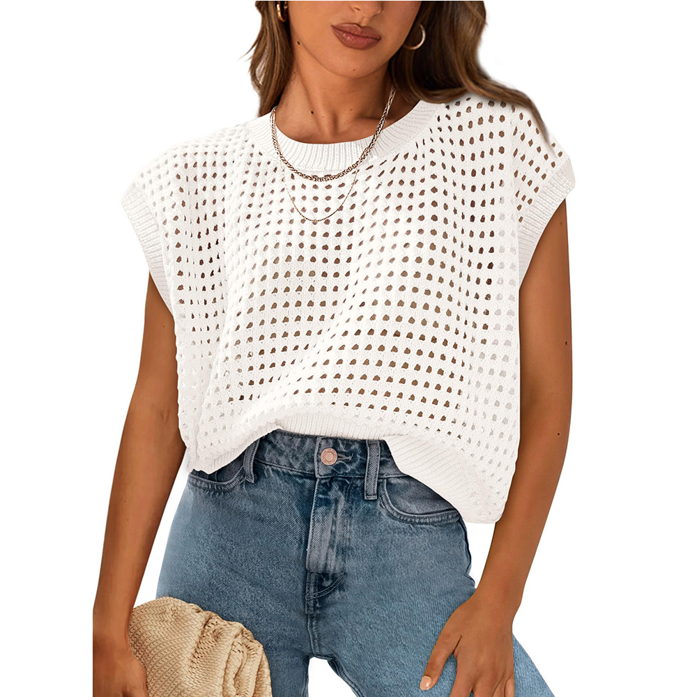 Women's Spring & Summer Crewneck Cap Sleeve Crochet Tops Casual Short Sleeve  Loose Sexy Hollow Beach Coverups Pullover Vacation T-Shirts