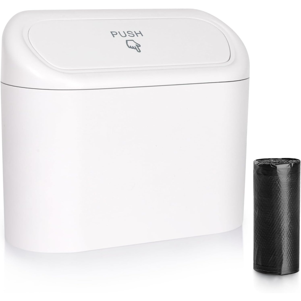 Car Trash Can with Lid, Vehicle Dustbin Garbage Organizer Holder with One Roll Bag, Mini Leakproof Storage Bin for Auto, SUV, Office