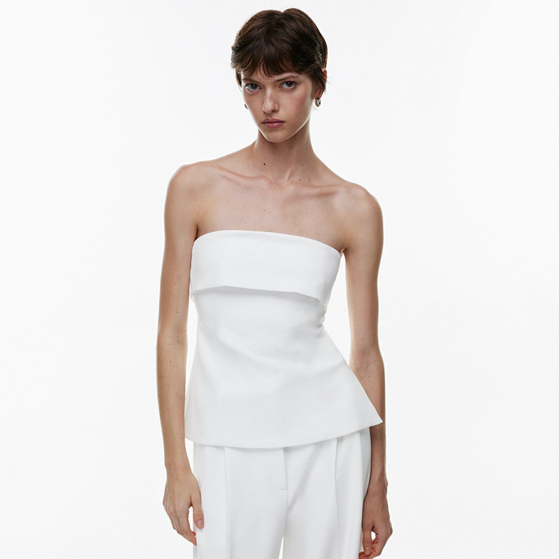 欧美女装夏季新款纯色休闲翻领抹胸露背修身开叉T恤上衣