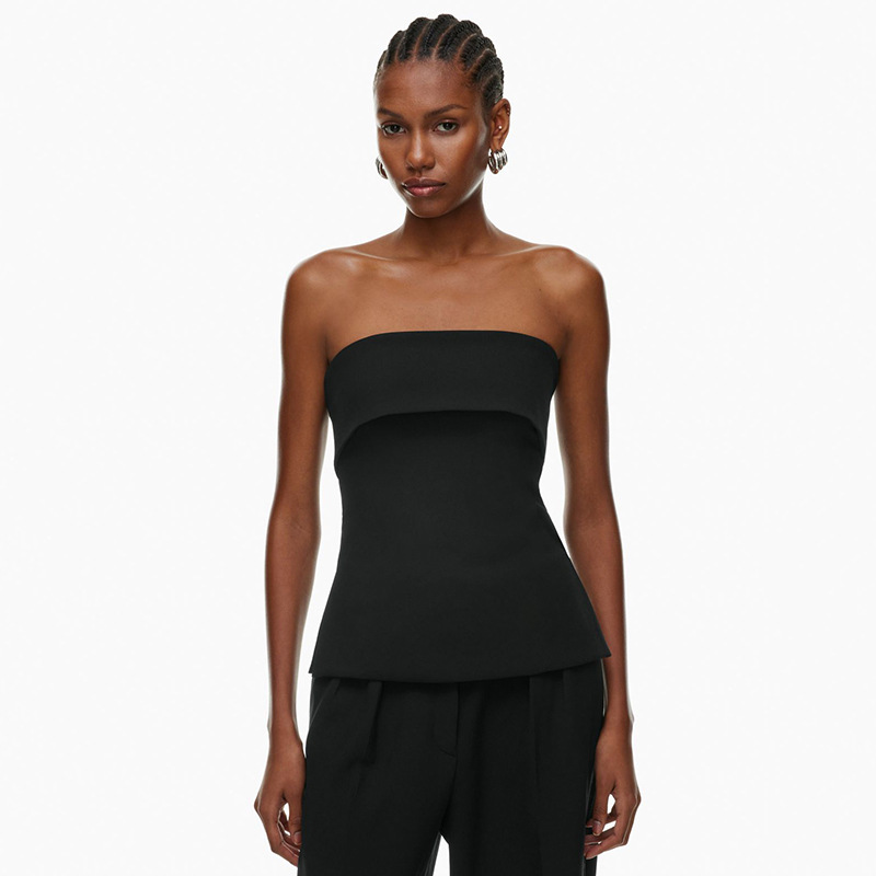 欧美女装夏季新款纯色休闲翻领抹胸露背修身开叉T恤上衣