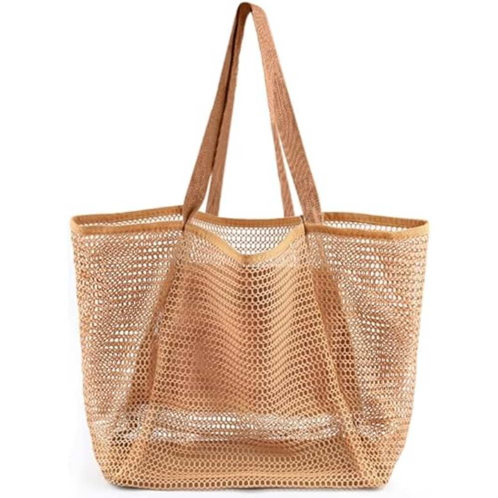 Beach Bags for Women, Summer Travel Mesh Tote Bag with Large Inner Pocket, Sandproof Woven Shoulder Handbag