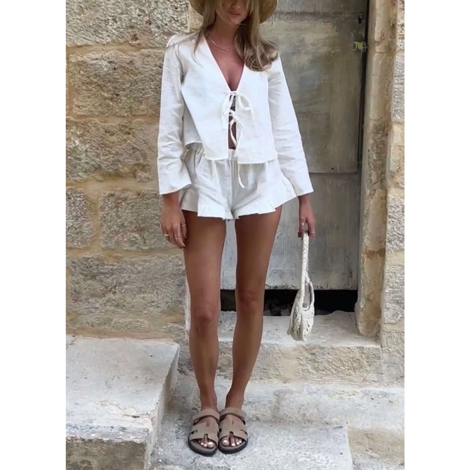 时尚女套装纯棉系带宽松休闲通勤短裤套装女