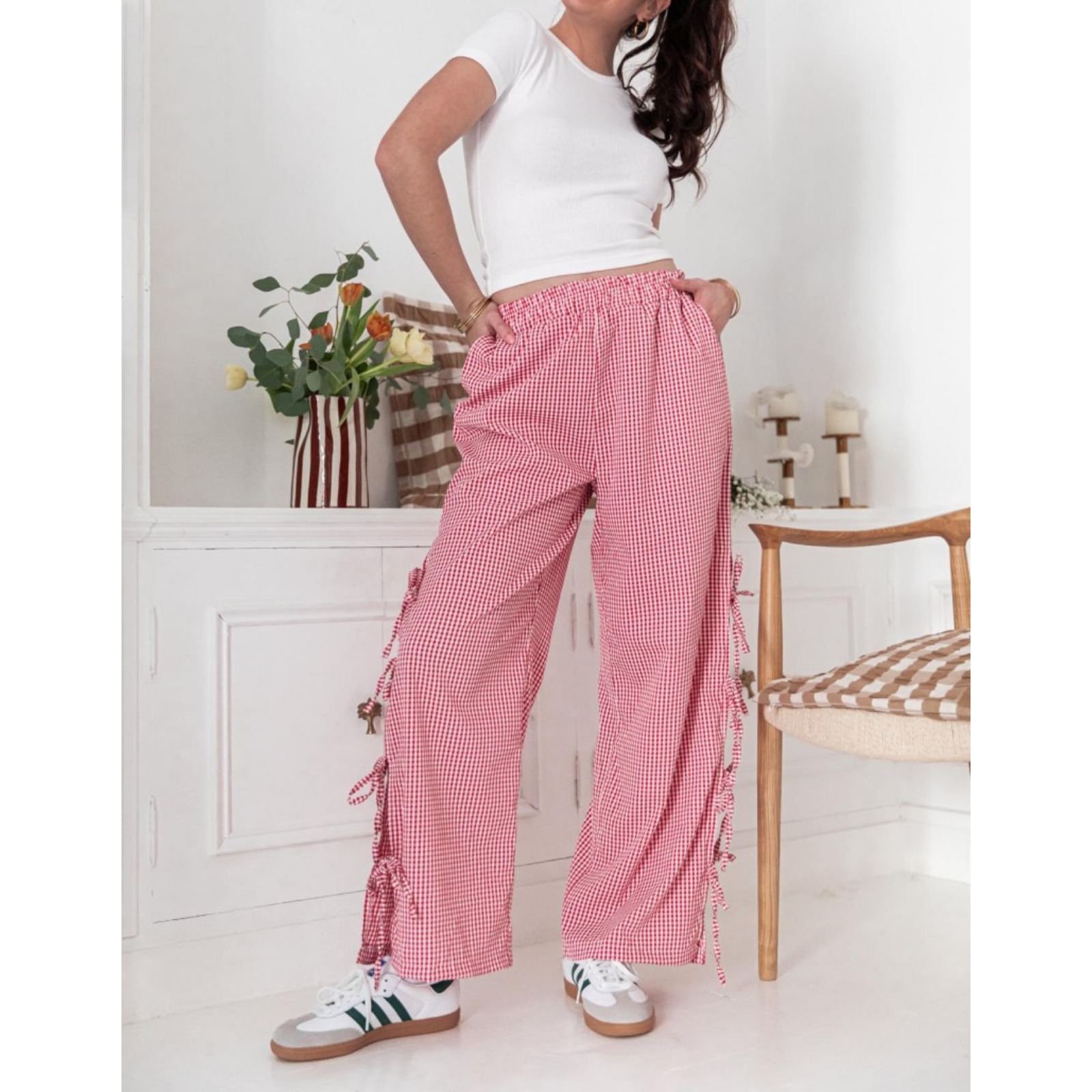 春夏新款亚马逊热卖时尚女装格子绑带叉边通勤女士长裤欧美女