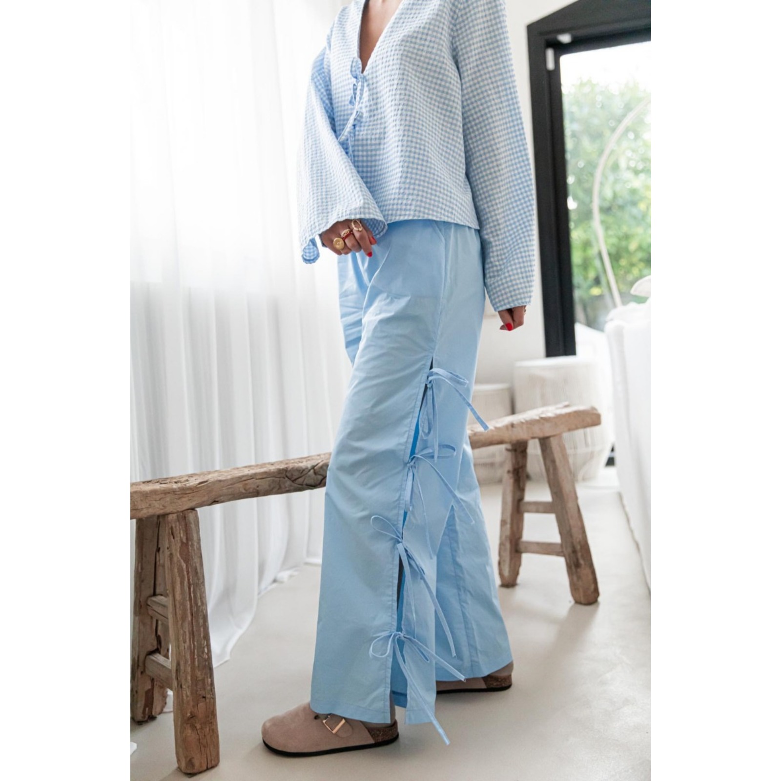 春夏新款亚马逊热卖时尚女装格子绑带叉边通勤女士长裤欧美女