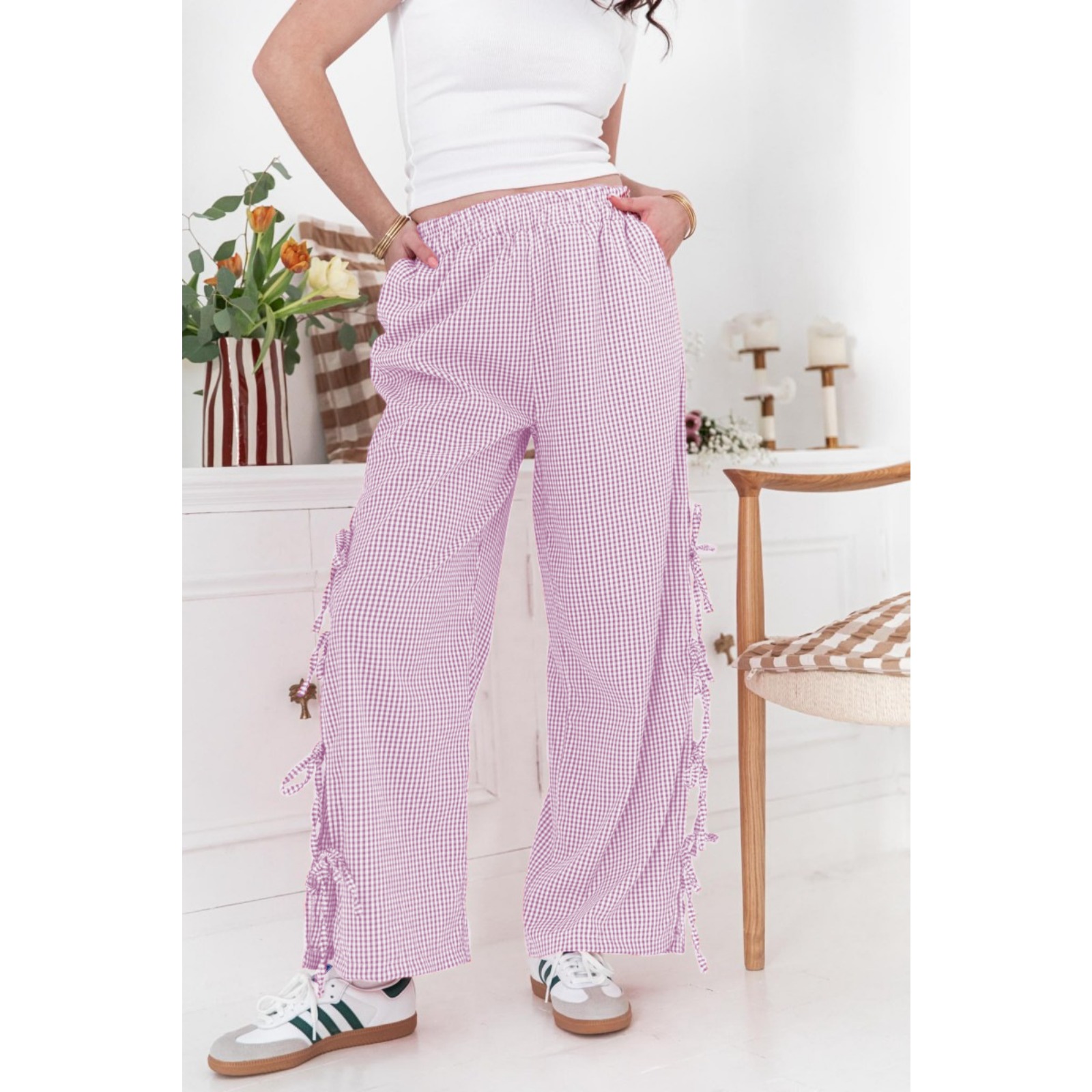 春夏新款亚马逊热卖时尚女装格子绑带叉边通勤女士长裤欧美女