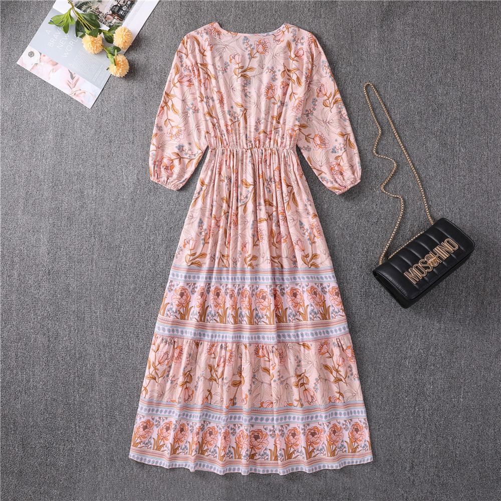 New Arrival Bohemian Chiffon Maxi A-Line Dress High-Waisted Flowy Women's Sundres Vintage Print Summer Vacation Essential