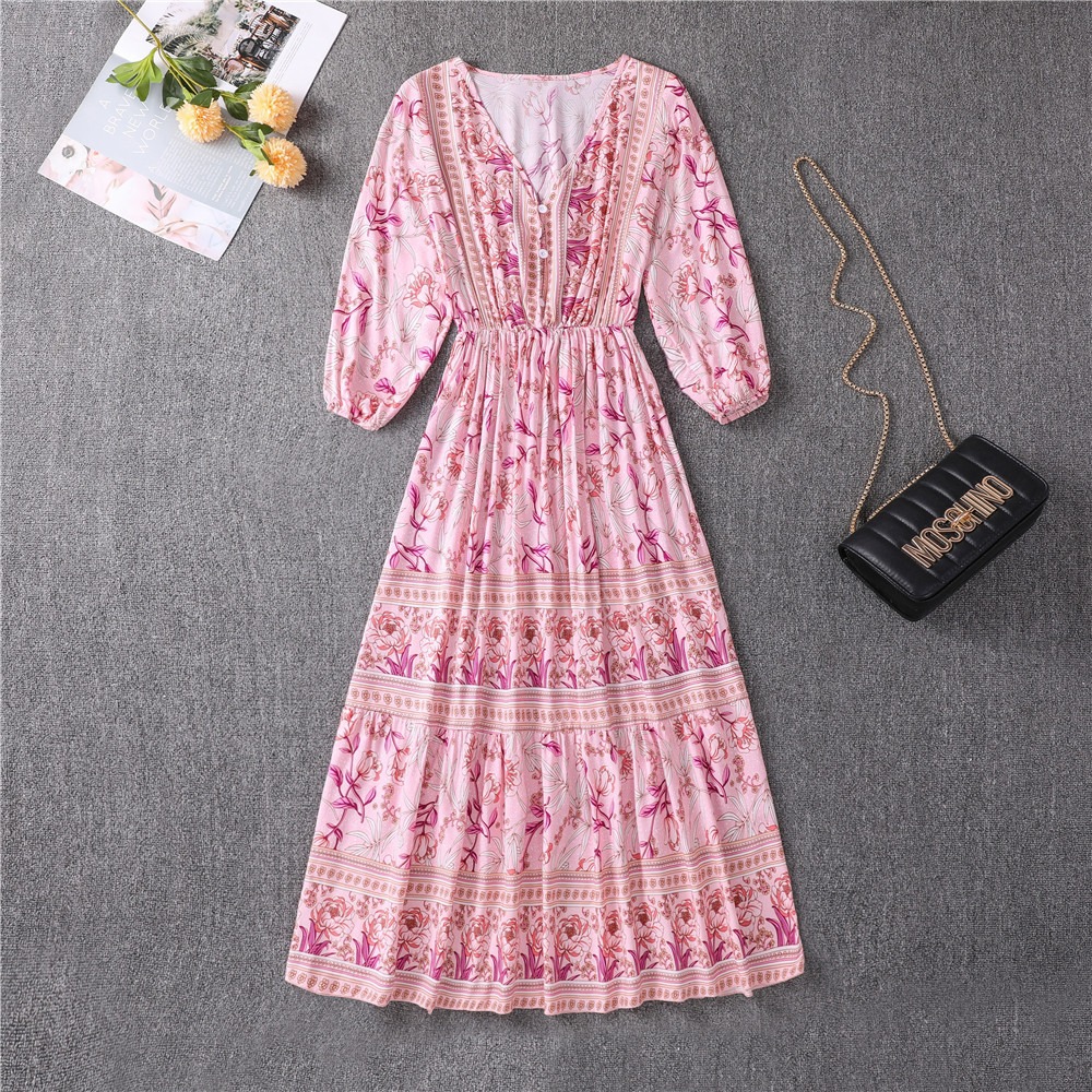 New Arrival Bohemian Chiffon Maxi A-Line Dress High-Waisted Flowy Women's Sundres Vintage Print Summer Vacation Essential