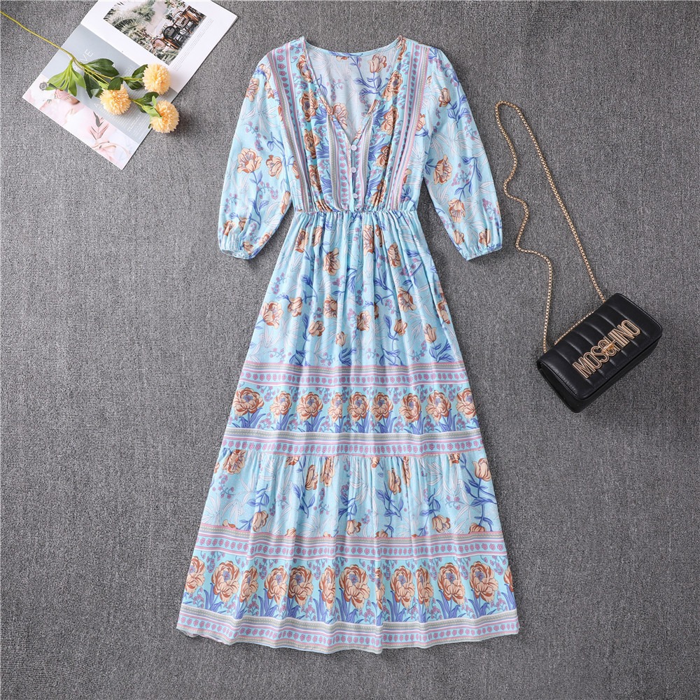 New Arrival Bohemian Chiffon Maxi A-Line Dress High-Waisted Flowy Women's Sundres Vintage Print Summer Vacation Essential
