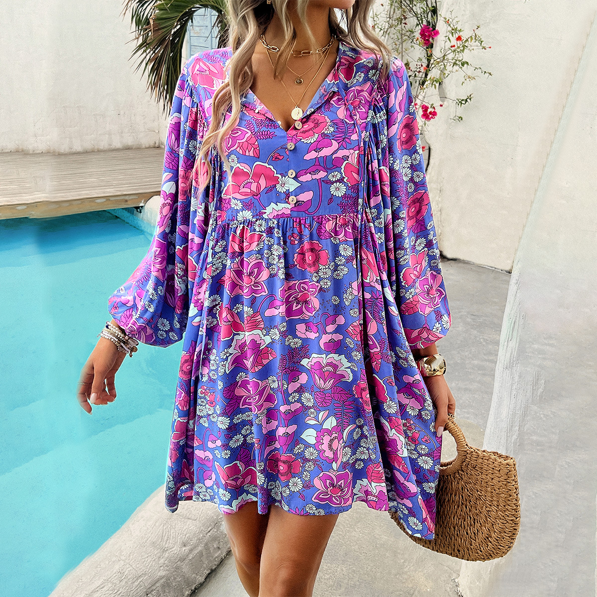 Summer Casual Vacation Long-Sleeve Printed Dress Boho Floral/Exotic Pattern Flowy Maxi/Midi Beach & Travel Essential