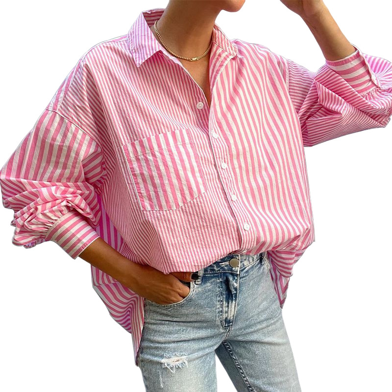 Women's Stylish Lapel Collar Loose-Fit Long-Sleeve Striped Shirt Chic & Elegant Office Casual Blouse Trendy Vertical/Horizontal Pattern