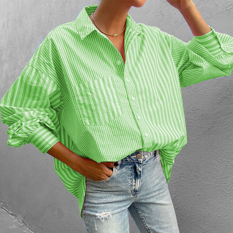 Women's Stylish Lapel Collar Loose-Fit Long-Sleeve Striped Shirt Chic & Elegant Office Casual Blouse Trendy Vertical/Horizontal Pattern