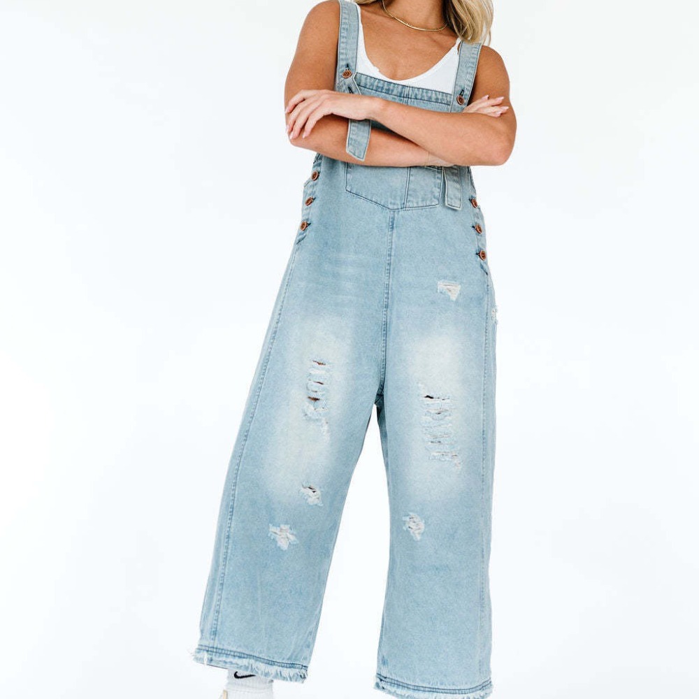 Women's Vintage-Inspired Distressed Loose-Fit Wide-Leg Denim Overalls Retro Ripped Design Comfortable Strap Suspenders Trendy Casual Jeans