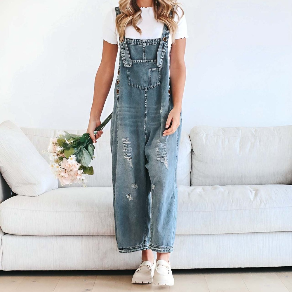 时尚复古做旧破洞宽松阔腿舒适闲背带牛仔背带裤女