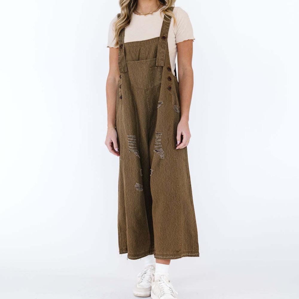 Women's Vintage-Inspired Distressed Loose-Fit Wide-Leg Denim Overalls Retro Ripped Design Comfortable Strap Suspenders Trendy Casual Jeans