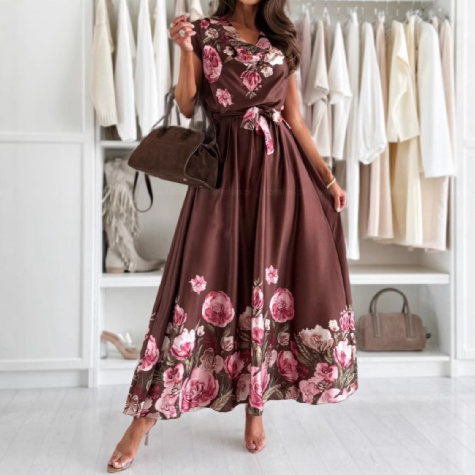 Women's Draped Cowl Neck Maxi Dress Placed Botanical Print Tie Waist Flowy Elegant Summer Dress Lightweight Polyester Long Gown
