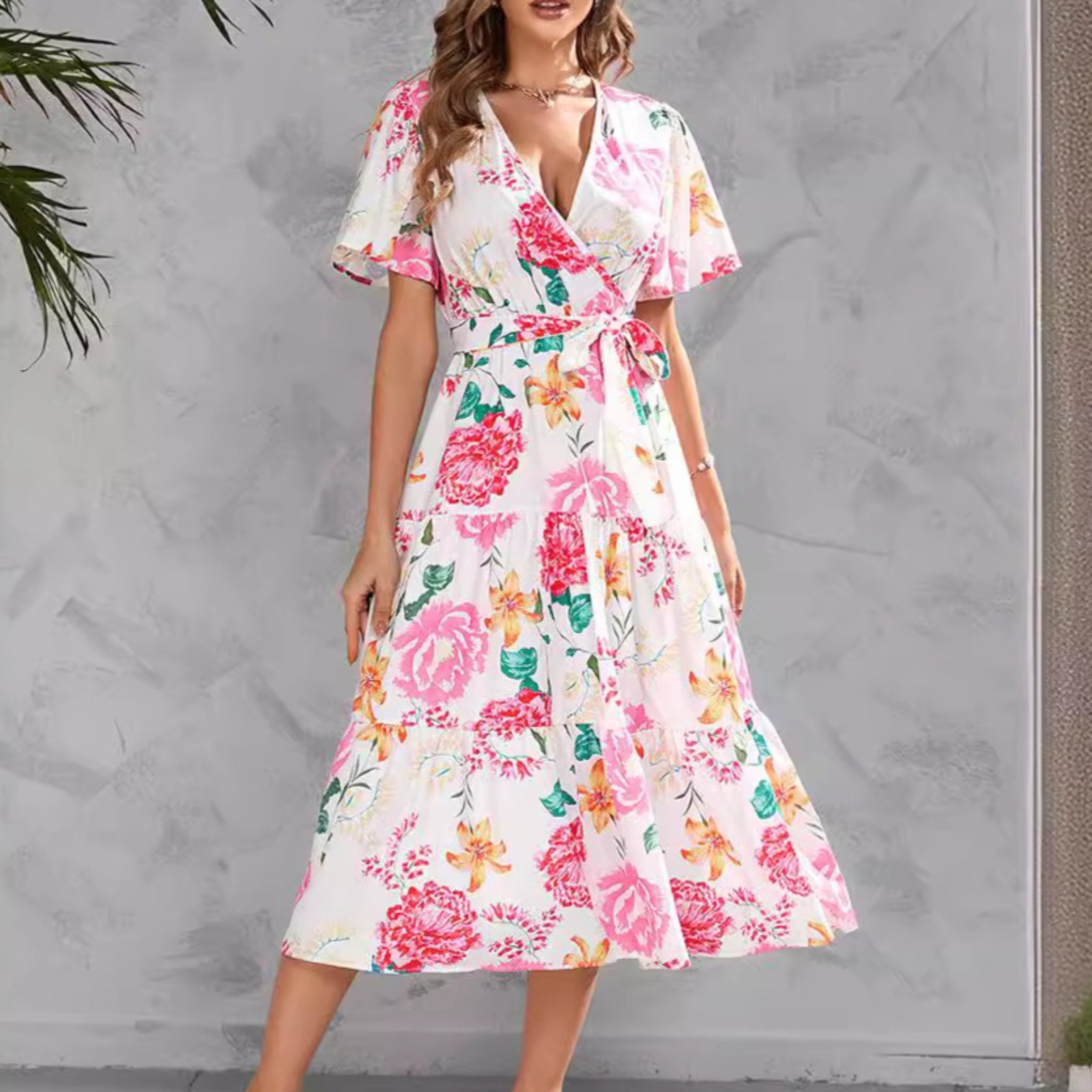 女装跨境外贸夏季印花V领收腰中长款短袖连衣裙