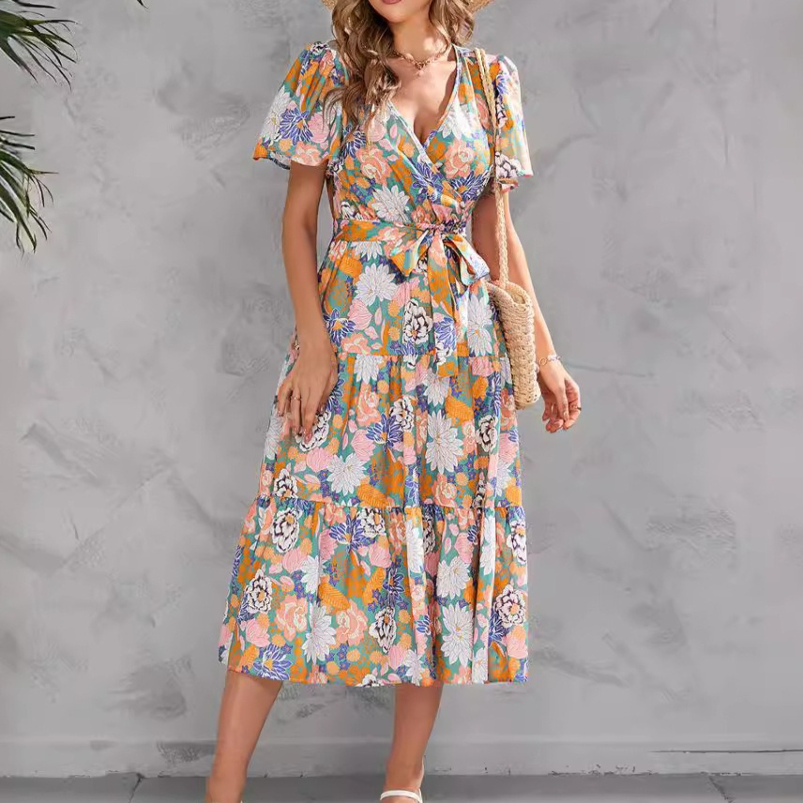 女装跨境外贸夏季印花V领收腰中长款短袖连衣裙