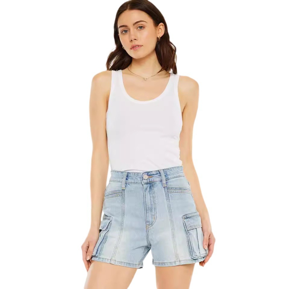 Spring-Summer Slim-Fit Women's Utility Denim Shorts Multi-Pocket Design Trendy Cargo Style Casual Streetwear Essential