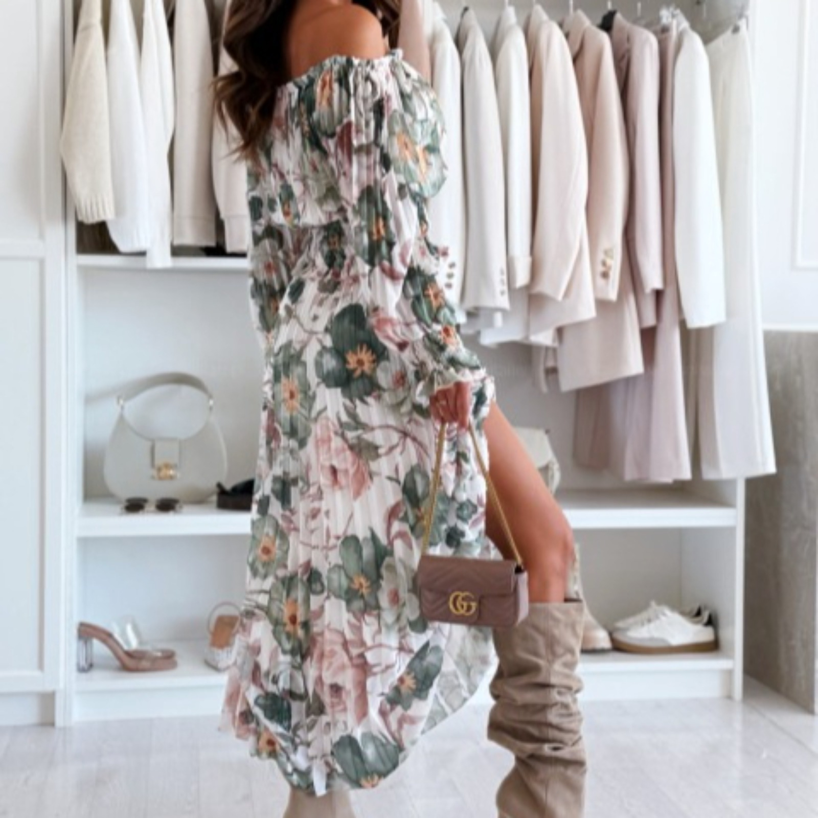 亚马逊春季新款时尚一字肩长袖百褶裙印花套装