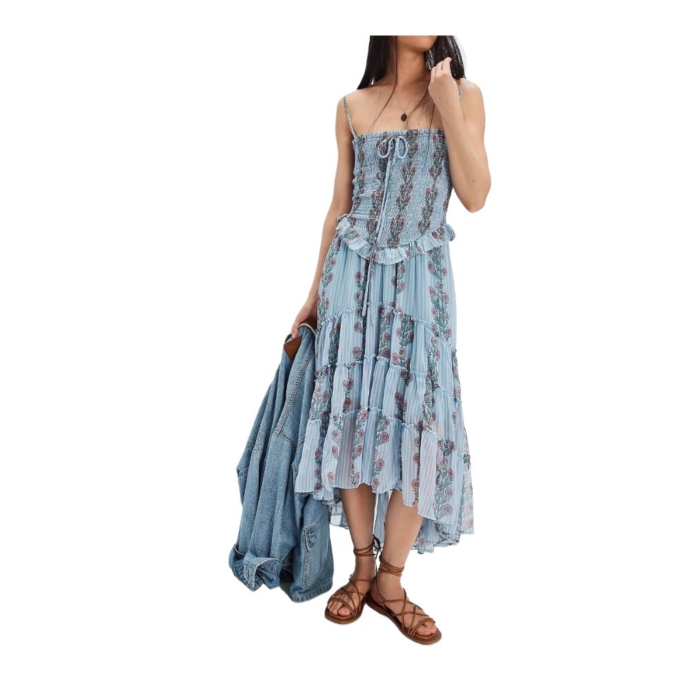 2025新款外贸印花吊带度假风拼接不规则连衣裙