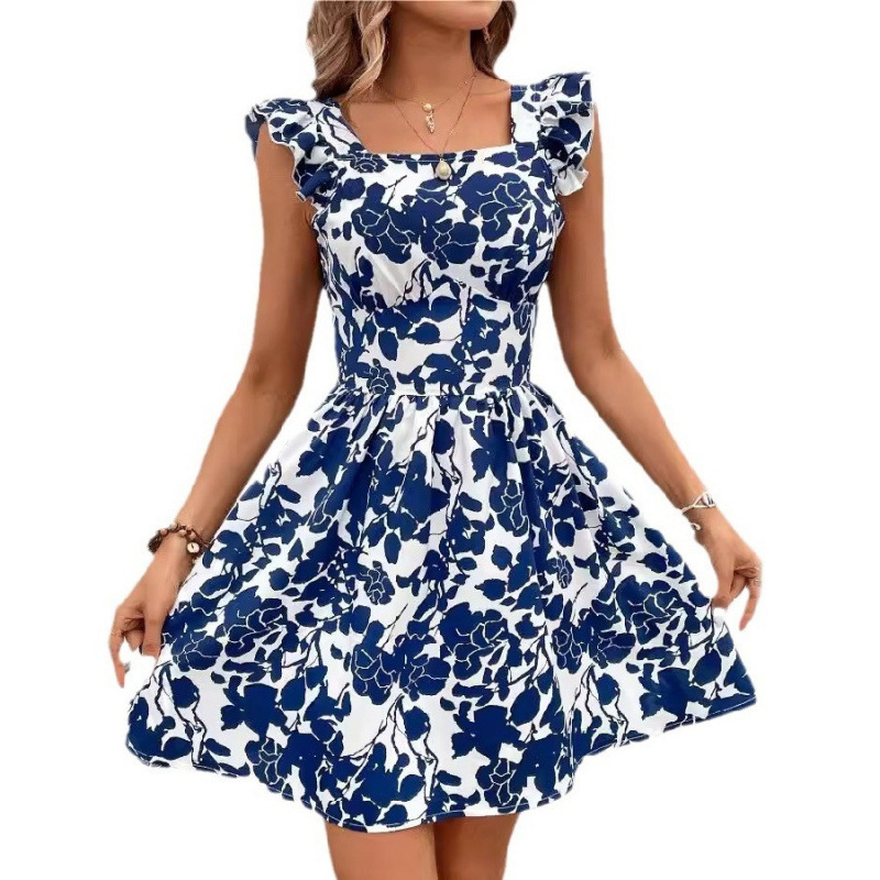 跨境2025春夏新款欧美休闲VCAY 女式荷叶边肩带全印花系带连衣裙