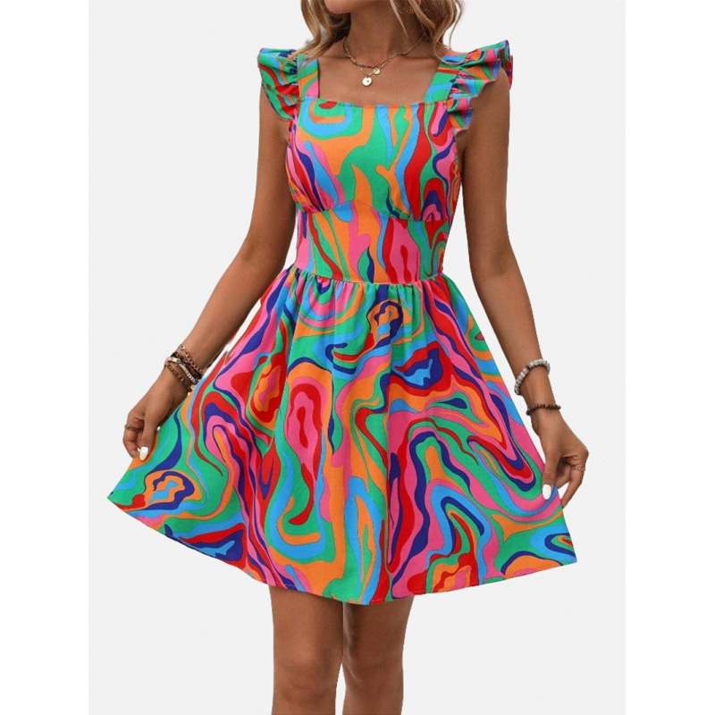 跨境2025春夏新款欧美休闲VCAY 女式荷叶边肩带全印花系带连衣裙