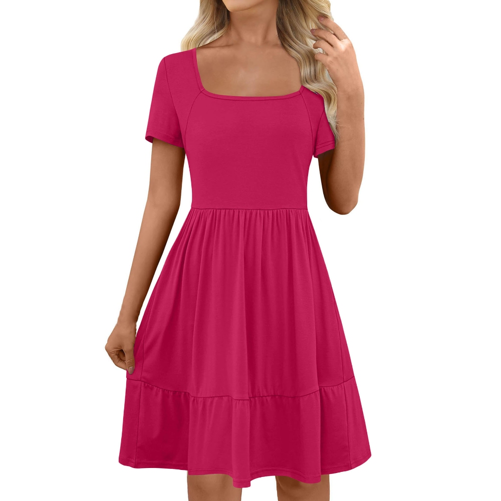 欧美跨境亚马逊TEMUwish希音外贸女装纯色双侧口袋方领短袖连衣裙