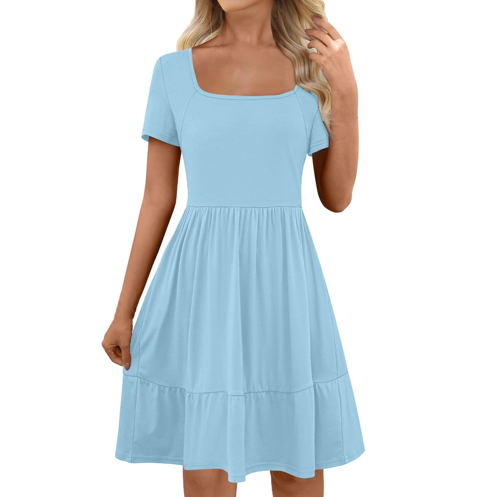 Women's Summer Square Neck Short Sleeve T Shirt Dress Solid Color Slim Ruffle Sundress French Style Lightweight Mini Beach Vacation Dresses Business Casual Outfits 