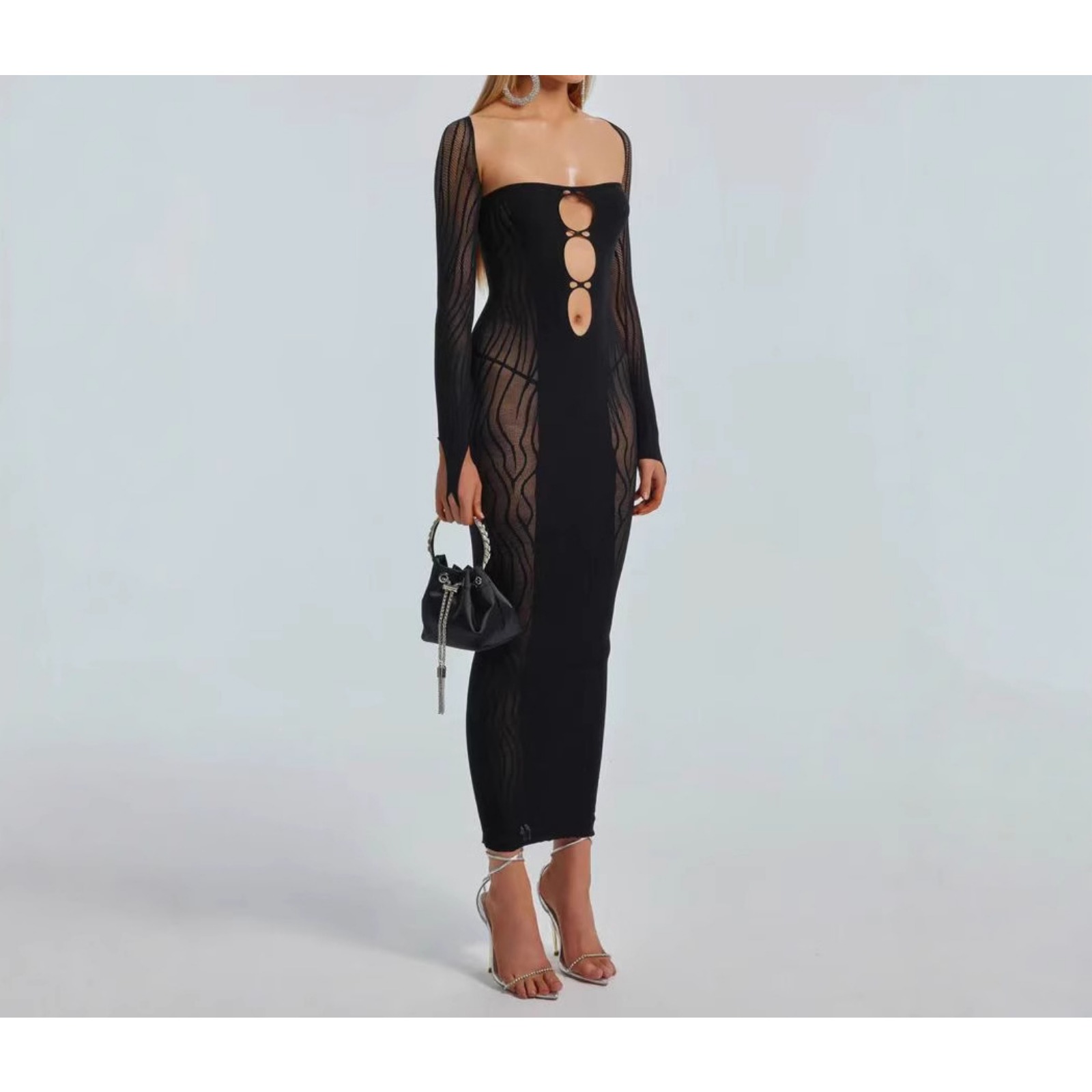 性感女连衣裙网纱镂空夜店潮长裙包臀长袖连衣裙