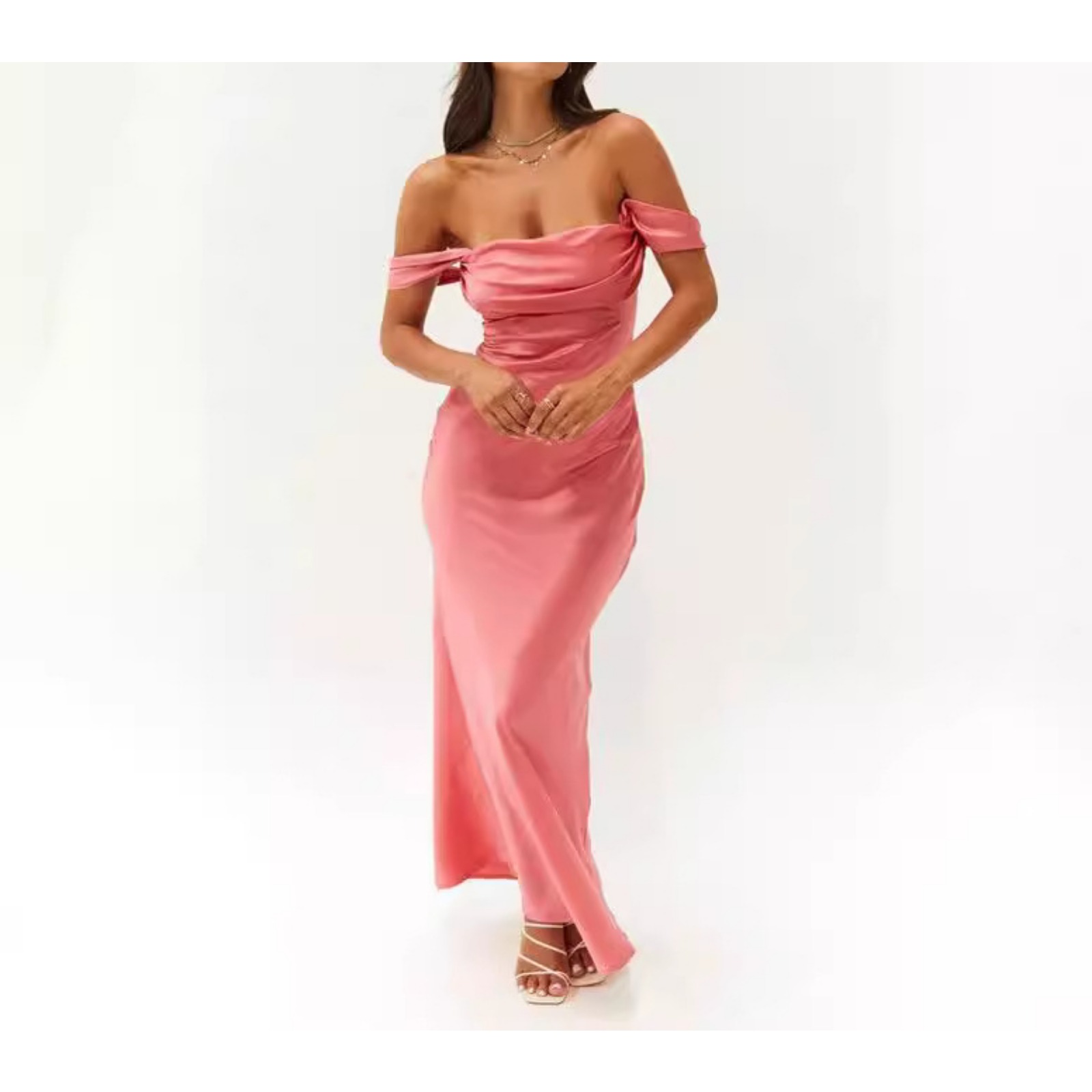 Women's Off-Shoulder Satin Bodycon Evening Gown Solid Pink Backless Floor-Length Dress Sleeveless with Shoulder Drapes & Hugging Silhouette