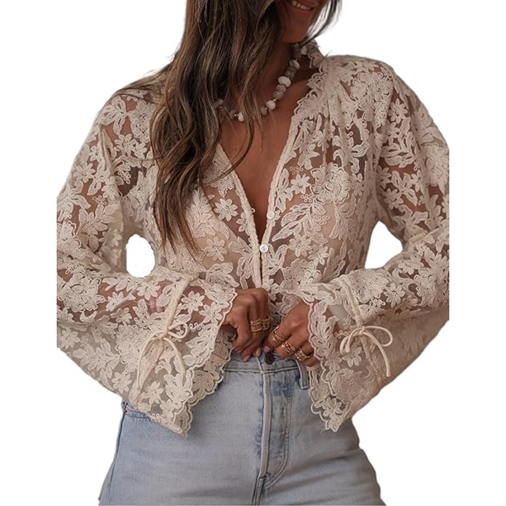Women's Lace Shirt V-Neck Button Up Long Sleeve Sheer Blouse Casual Loose Fit Floral Embroidered Sexy Hollow Out Blouses Tops Lightweight Daily Work Office Versatile Layering Tops