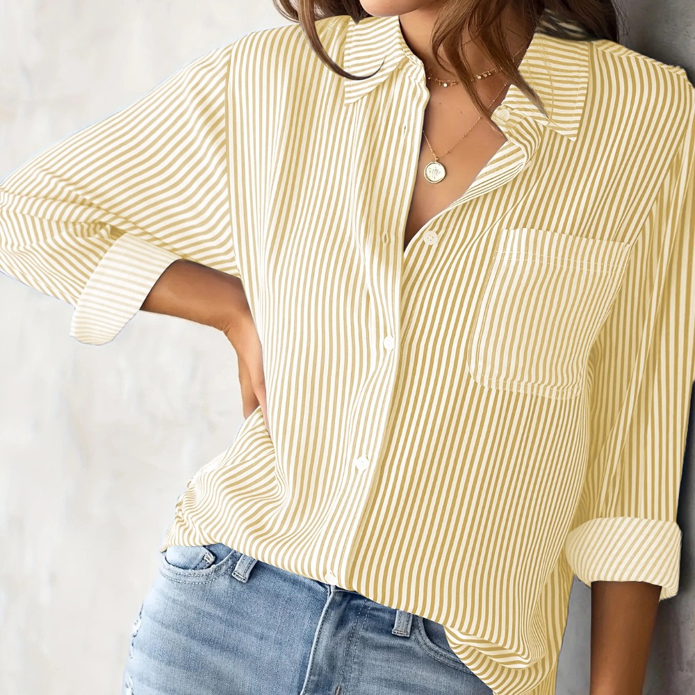 Women's Loose-Fit Striped Long-Sleeve Shirt Casual & Comfortable Button-Down Blouse Versatile Everyday Top