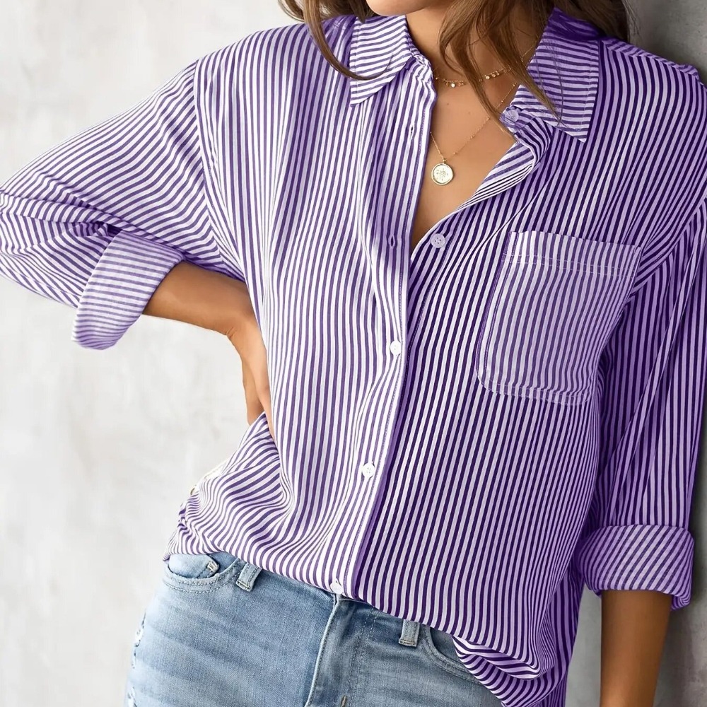 Women's Loose-Fit Striped Long-Sleeve Shirt Casual & Comfortable Button-Down Blouse Versatile Everyday Top