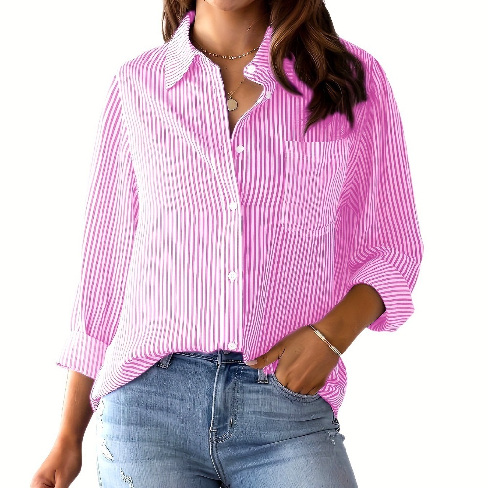 Women's Loose-Fit Striped Long-Sleeve Shirt Casual & Comfortable Button-Down Blouse Versatile Everyday Top