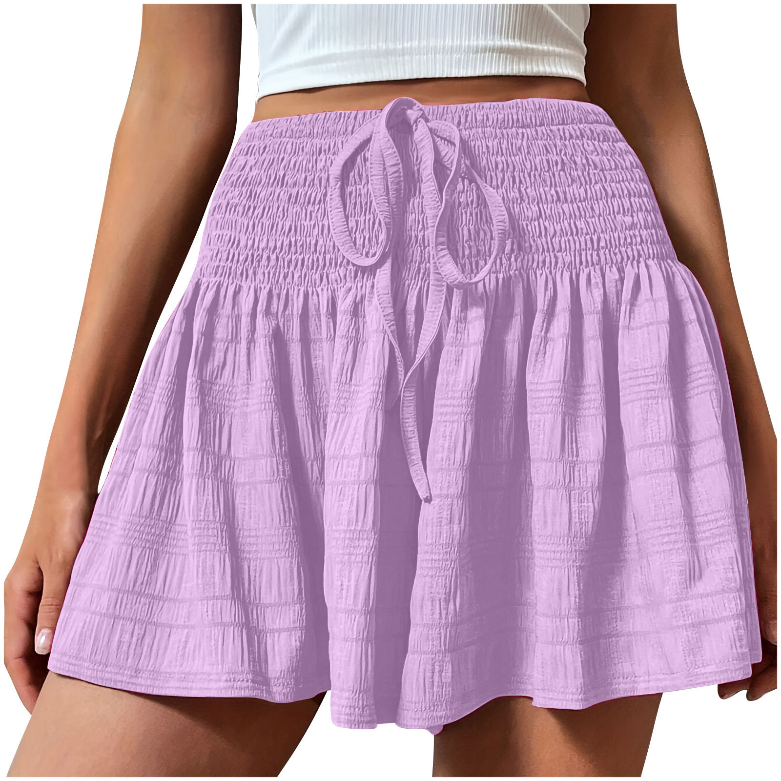 Women's Summer Fashion Solid Color Drawstring Shorts Pleated Flared Wide-Leg Palazzo Shorts