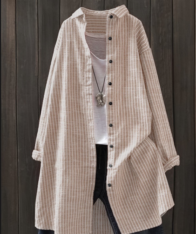 Plus-Size Cotton-Linen Striped Mid-Length Long-Sleeve Shirt Casual Loose-Fit Top with Functional Pockets