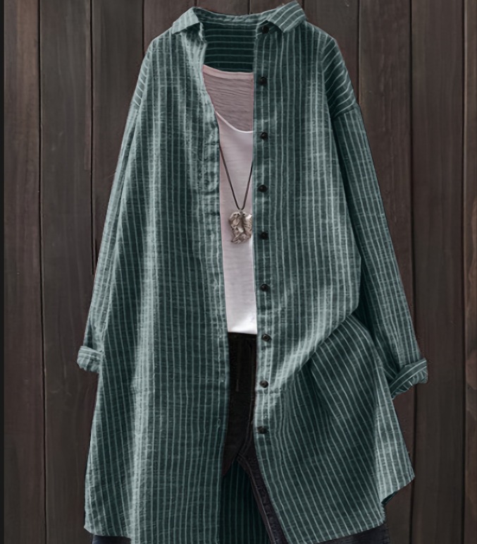 Plus-Size Cotton-Linen Striped Mid-Length Long-Sleeve Shirt Casual Loose-Fit Top with Functional Pockets