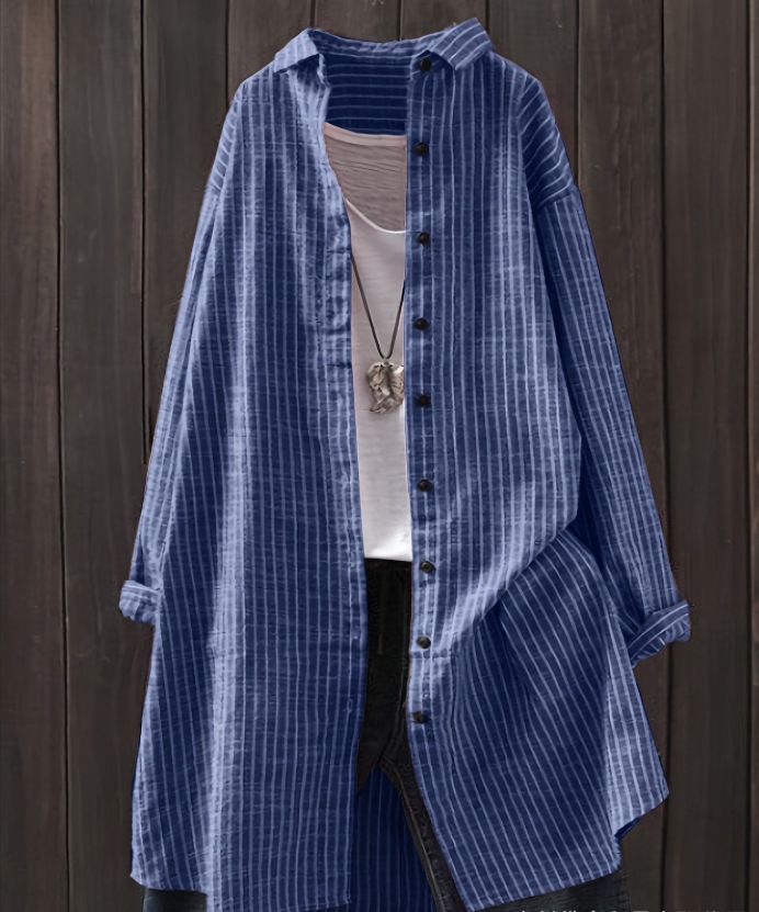 棉麻条纹衬衫中长款长袖大码口袋上衣