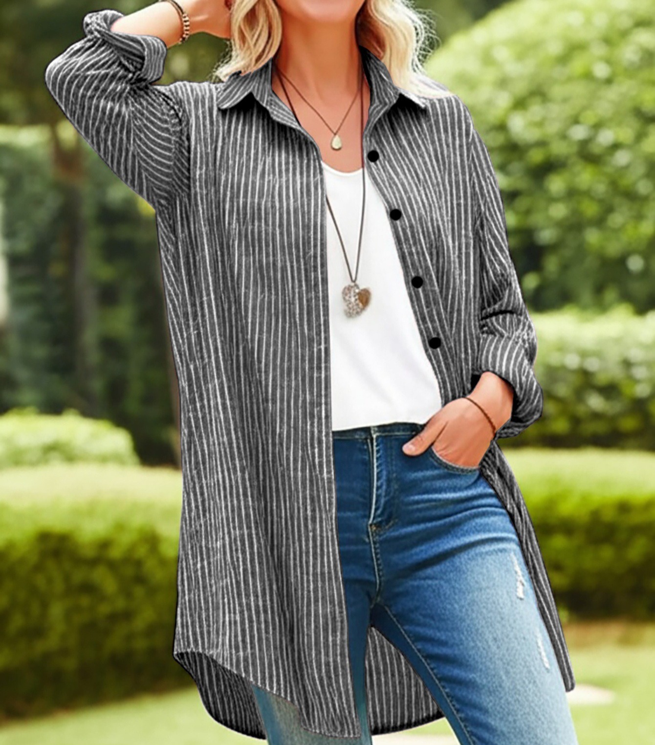 Plus-Size Cotton-Linen Striped Mid-Length Long-Sleeve Shirt Casual Loose-Fit Top with Functional Pockets
