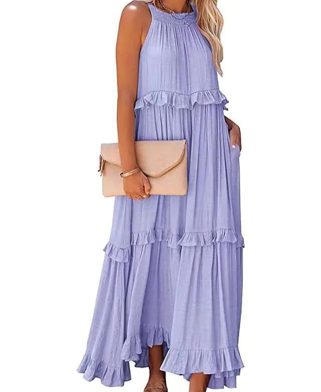 夏季新款度假风荷叶边长款连衣裙大摆飘逸沙滩裙女