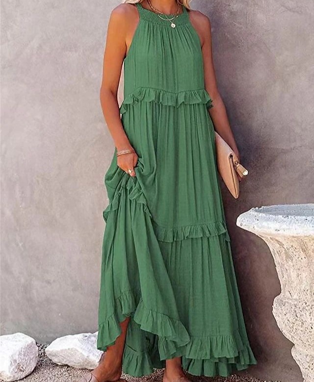 夏季新款度假风荷叶边长款连衣裙大摆飘逸沙滩裙女